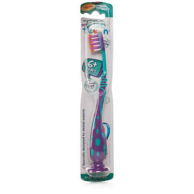 Children's toothbrush with purple and blue handle and bristles in packaging on a white background