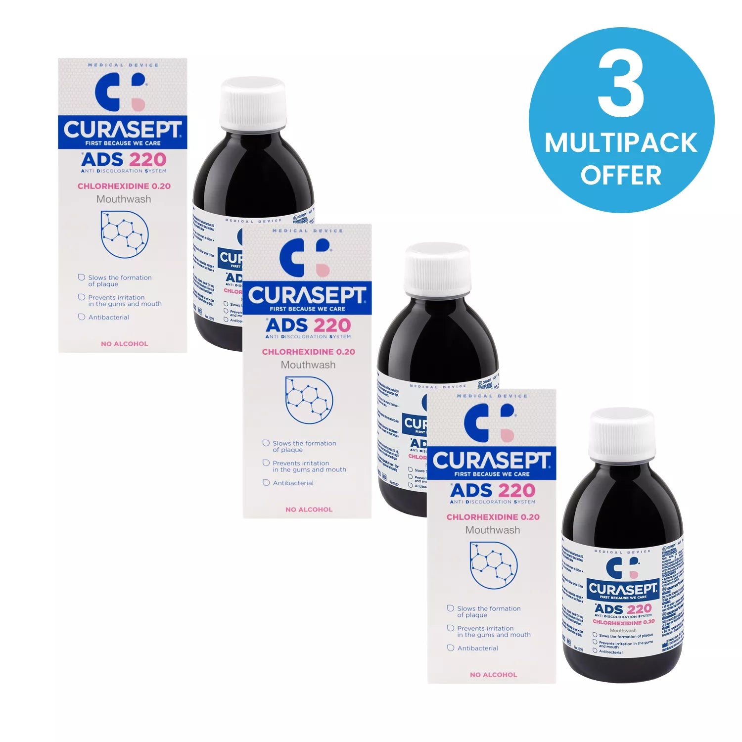 Curasept Antibacterial Chlorhexidine 0.2% Mouthwash 200ml - Multipack of 3