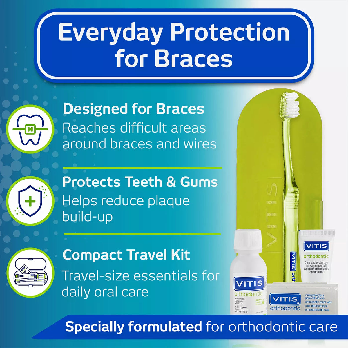 VITIS Orthodontic Travel Kit (Toothbrush, Toothpaste, Mouthwash, Wax)